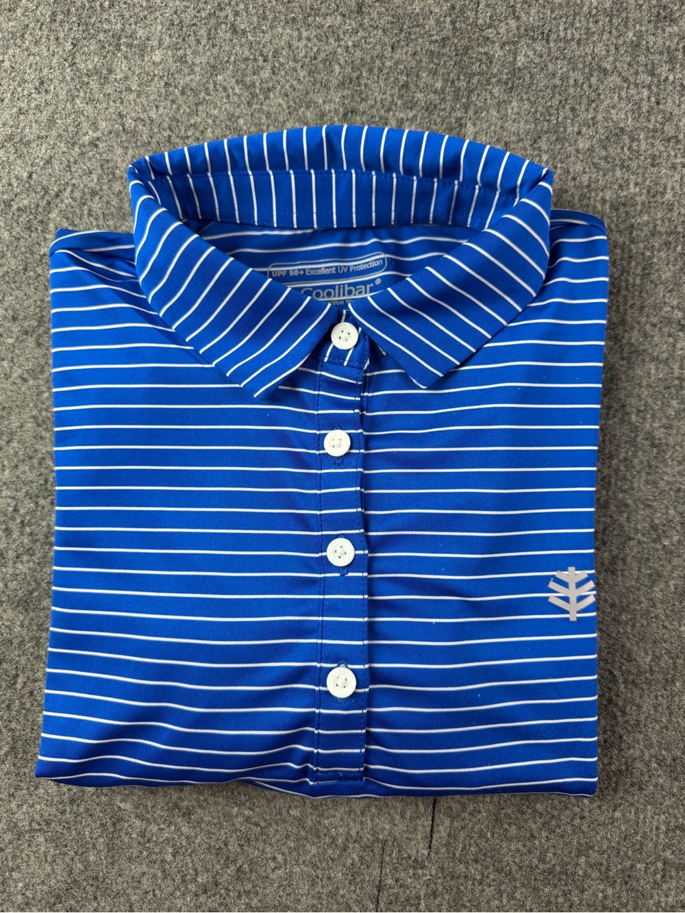 Coolibar UPF 50+ Sun Protection Womens Long Sleeve Polo Shirt Size S Blue/White